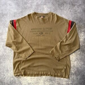 Vintage American Outpost Mens XL Long Sleeve Graphic T-Shirt Brown Red Stripe